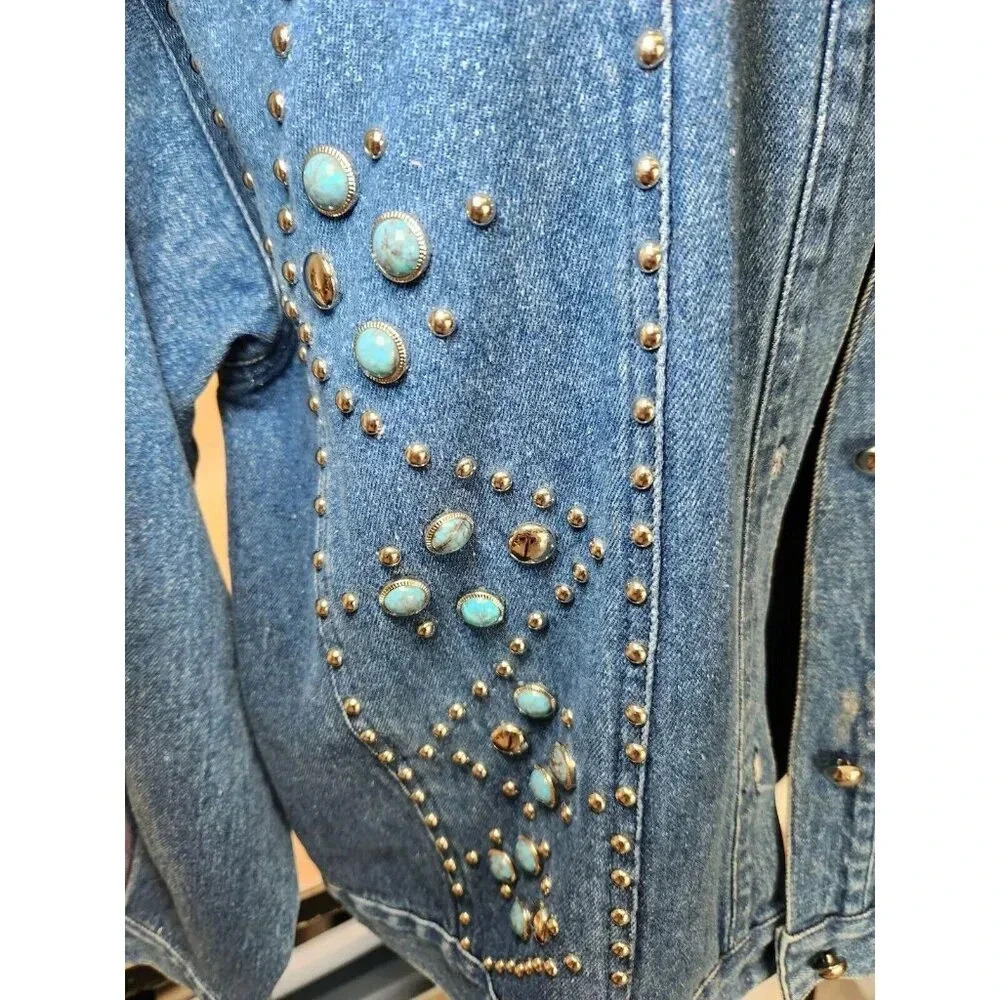 Vintage I.B. Diffusion Denim Jean Jacket Silver & Turquoise Studs Size 1… - Picture 4 of 14